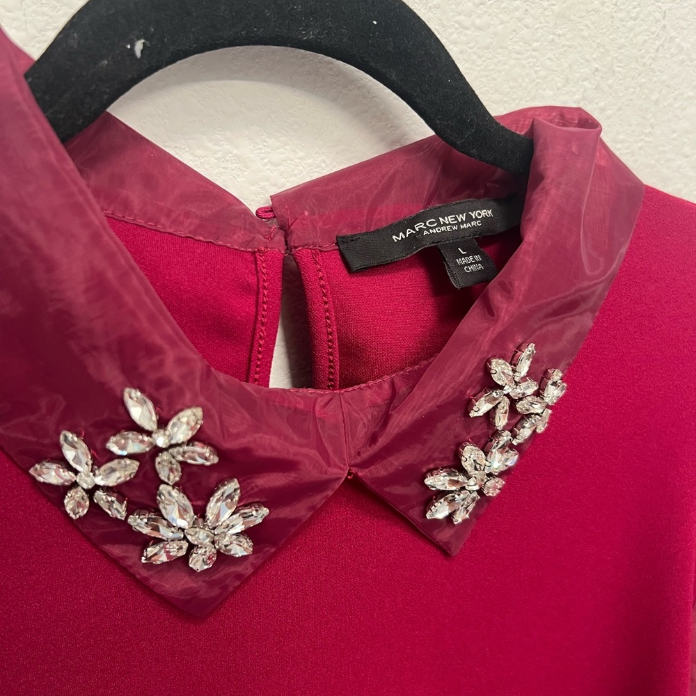 Marc New York - Deep Red Blouse with Jewel Collar - Sheer Sleeves - Size L - Picture 2 of 4